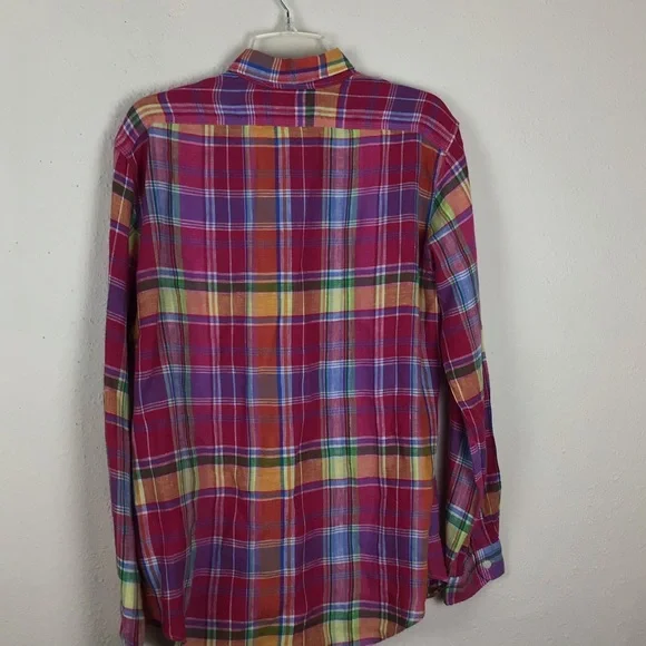 Polo-RL bright plaid button up shirt in linen-M - Picture 8 of 9